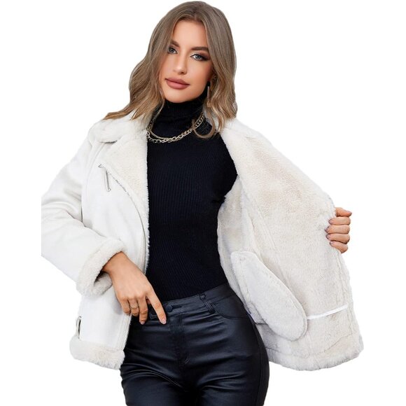 Women Beige Faux Shearling Moto Jacket Thick Lined Winter Leather Coat - Picture 3 of 5